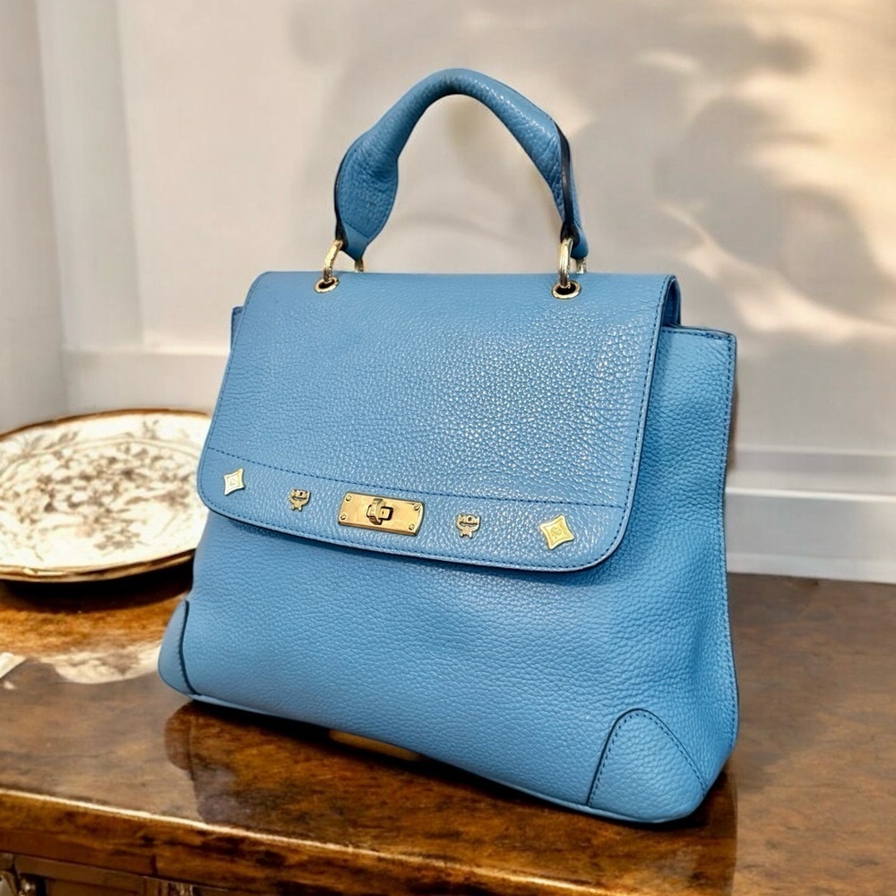MCM Light Blue Leather First Lady Top Handle Satchel Crossbody Bag